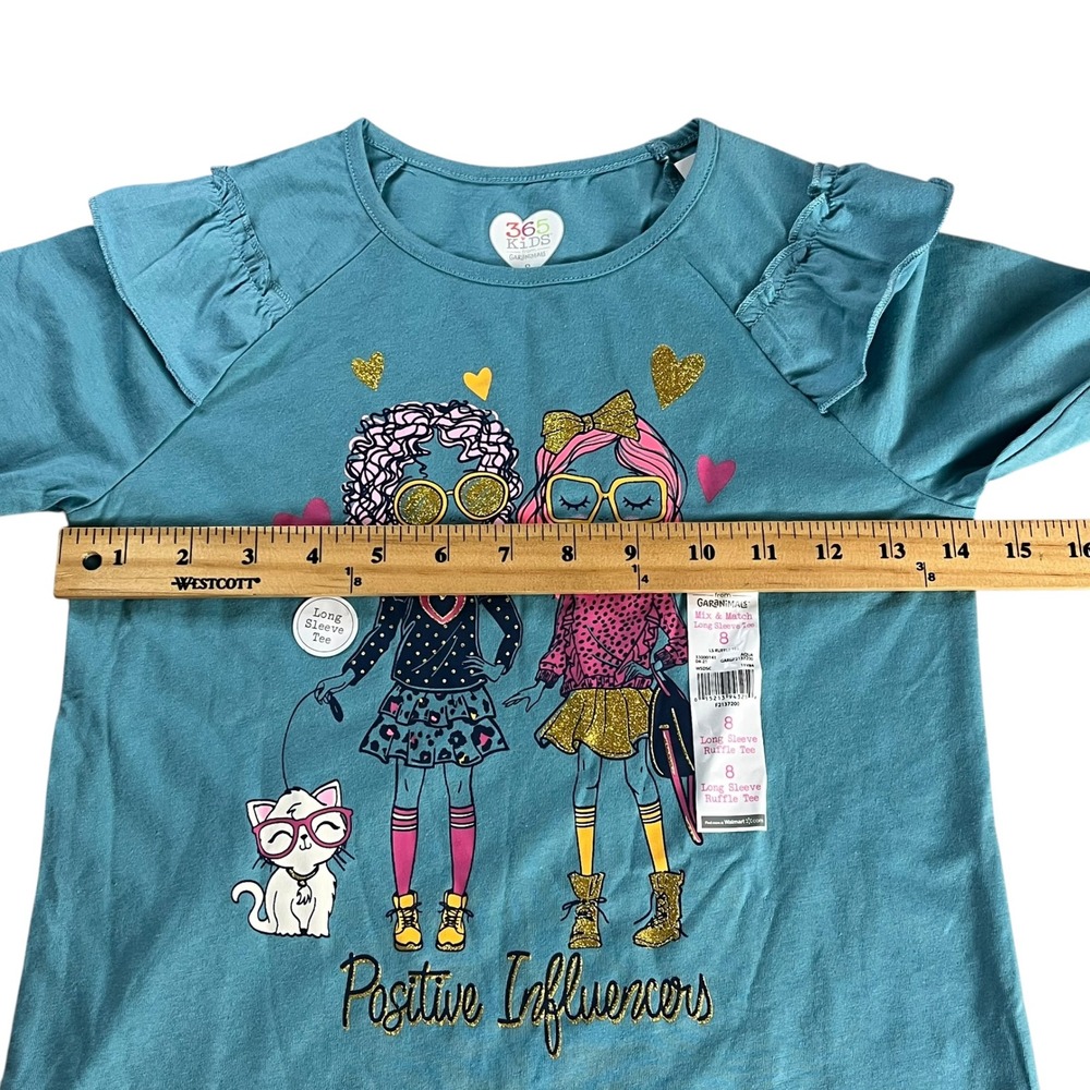 365 Kids from Garanimals Long Sleeve Ruffle Tee Girls 8 Aqua Positive Influencer - Picture 6 of 15